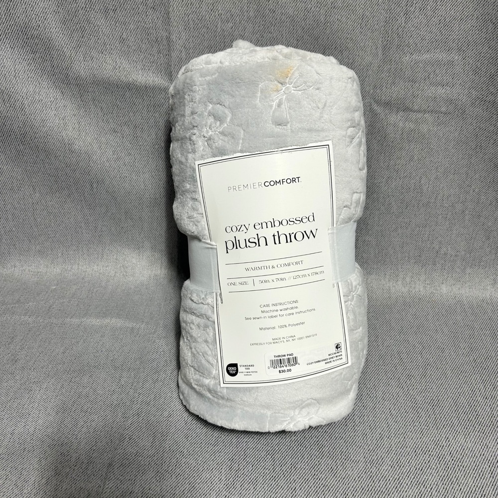 Premier Comfort Plush Throw One Size Grey Cozy Embossed Bows Blanket‎ 50x70